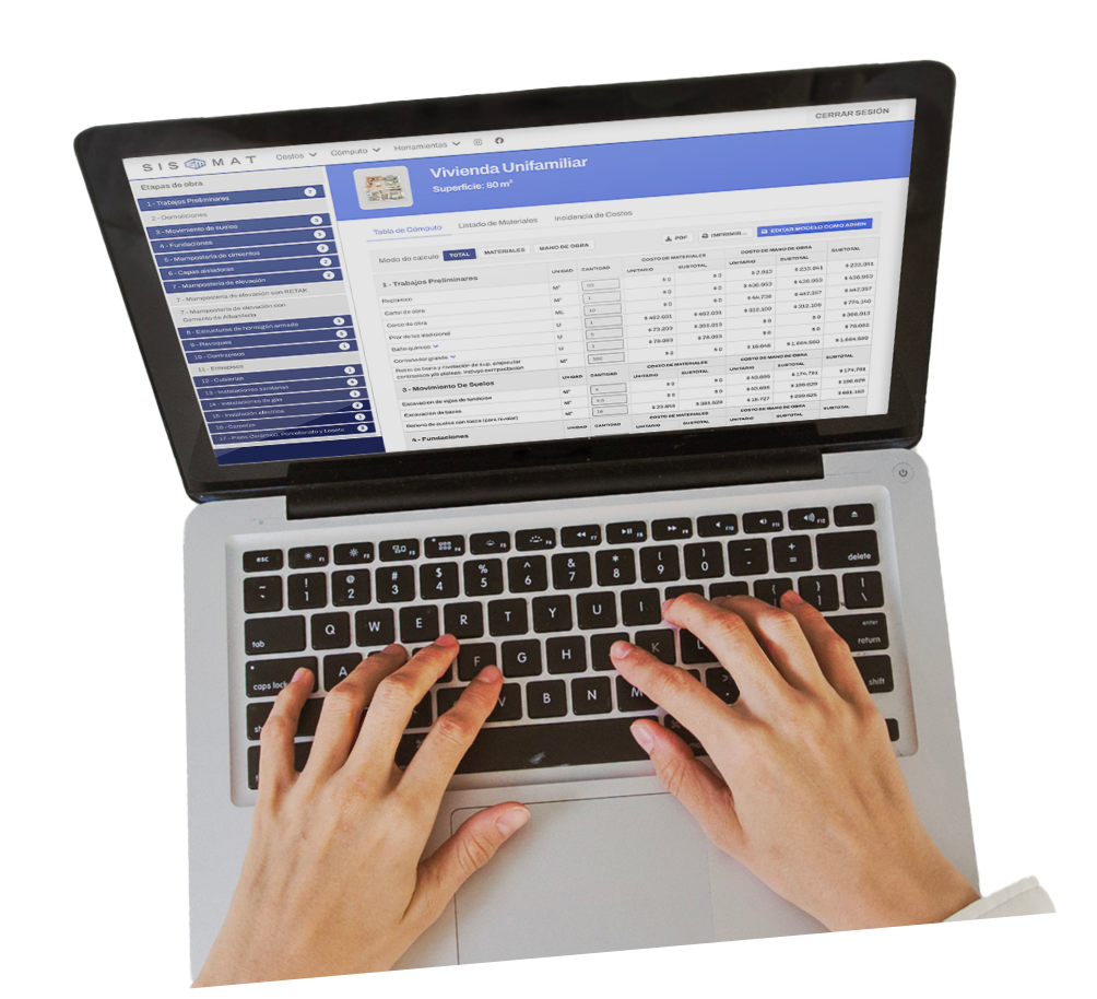 Plataforma Sismat mostrando cómputo de vivienda unifamiliar con listado de materiales y costos